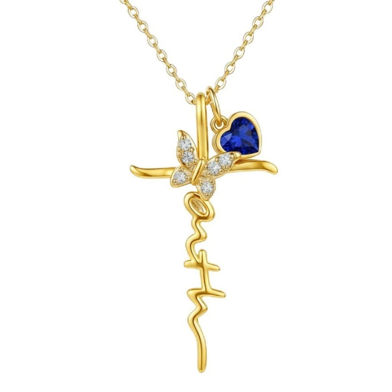 14K Gold Plated  Birthstone  Cross Butterfly Necklace for Women