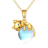 14K Yellow Gold Moonstone Rose Quartz  Cat Pendant Necklace