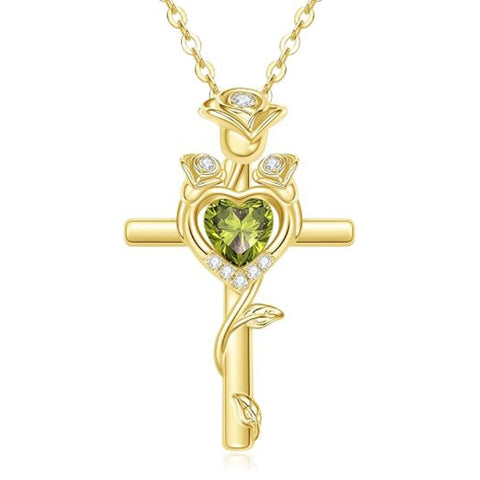 14K Gold Plated Birthstone Rose Cross Necklace for Women Faith Jewelry Gift