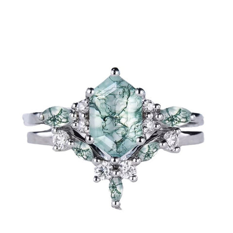 Sterling Silver 10K 14K 18K Gold Personalize Engraved Moss Agate Engagement Rings for Women