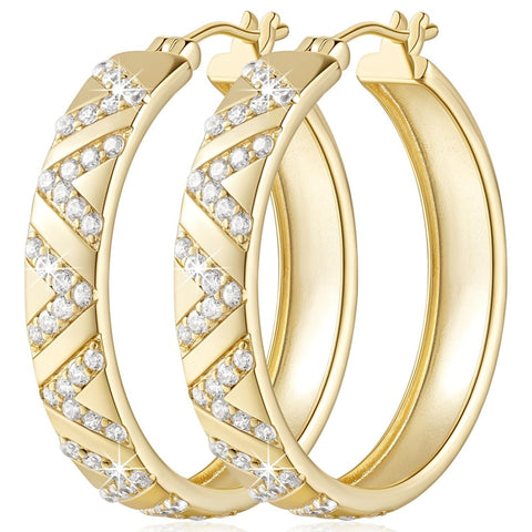 14K Gold Plated V-Shaped Cubic Zirconia Hoop Earrings for Women