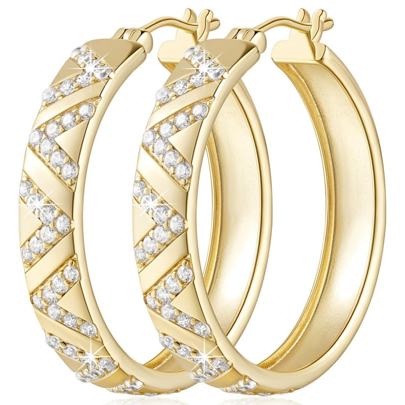 14K Gold Plated V-Shaped Cubic Zirconia Hoop Earrings for Women