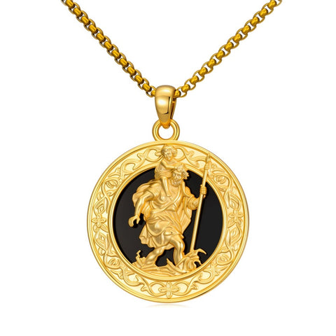14K Gold Plated Black Onyx Patron Saint Medal Religious Amulet Pendant Necklace for Men