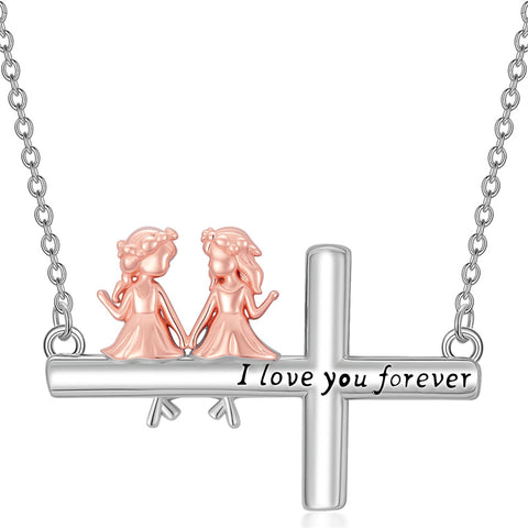 Sterling Silver Cross Father Daughter Mother Daughter Sister Pendant Necklace Engraved with I Love You Forever