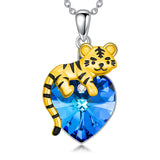 Sterling Silver  Heart Shaped Crystal Tiger Pendant Necklace