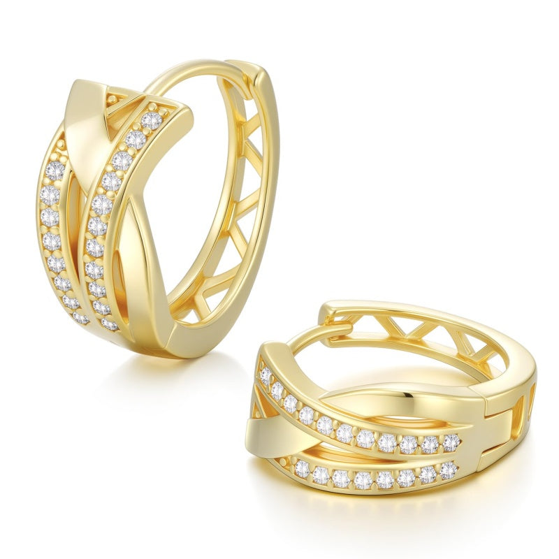 14K Gold Plated  Cubic Zircon X-shaped Hoop Earrings for Women