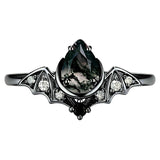 Sterling Silver 10K 14K  18K Gold Personalized Engraved Moss Agate Gothic Promise Wedding Engagement Black Ring Set