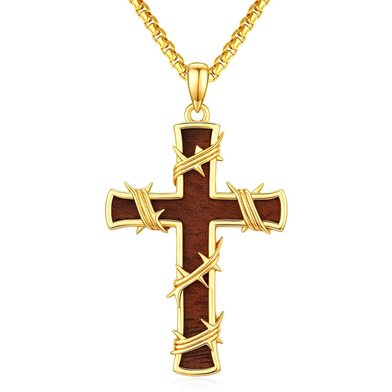 Wood 14K Gold Plated Cross Pendant Necklace