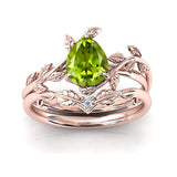 Sterling Silver 10K 14K 18K Gold 1ct Pear Shaped Gemstone Deco Vine Leaf Gemstone  Engagement Ring Wedding Ring Sets