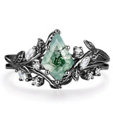 Sterling Silver 2CT Moss Agate  Engagement Wedding Ring Sets for Women