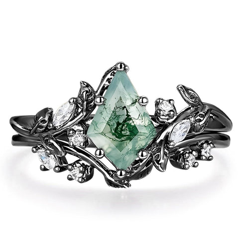 Sterling Silver 2CT Moss Agate  Engagement Wedding Ring Sets for Women