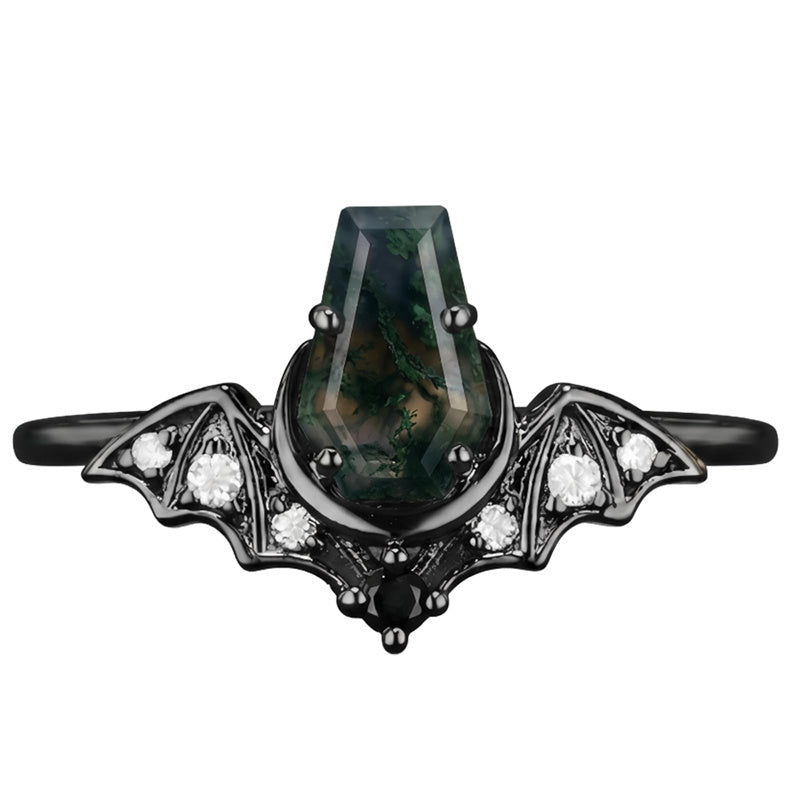 Sterling Silver 10K 14K  18K Gold Personalized Engraved Moss Agate Gothic Promise Wedding Engagement Black Ring Set