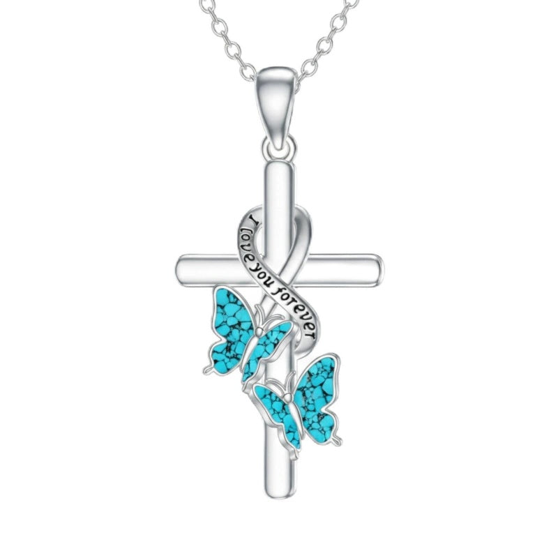 Sterling Silver  Hummingbird Blue Jay Dragonfly Butterfly Cross Necklace Engraved with I Love You Forever
