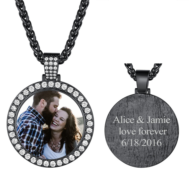 Copper  Cubic Zirconia Round Personalized Photo Engraved Pendant Necklace