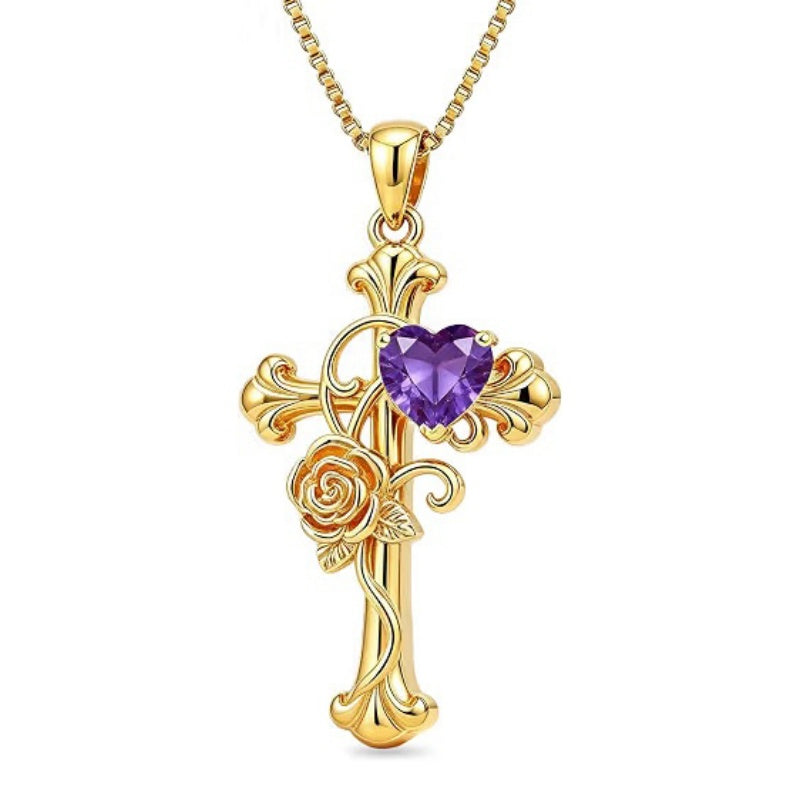 14K Gold Plated Heart Shape Birthstone Rose Flower Cross Necklace for Women  Religious Christian Jewelry