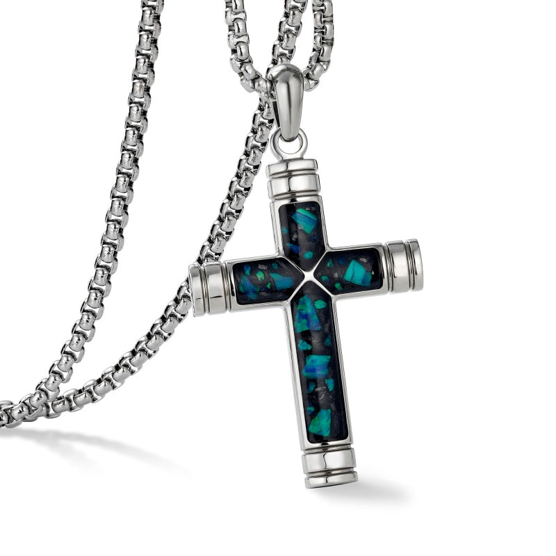 14K Gold Plated Wooden Abalone Shell Cross Pendant Necklacefor Men