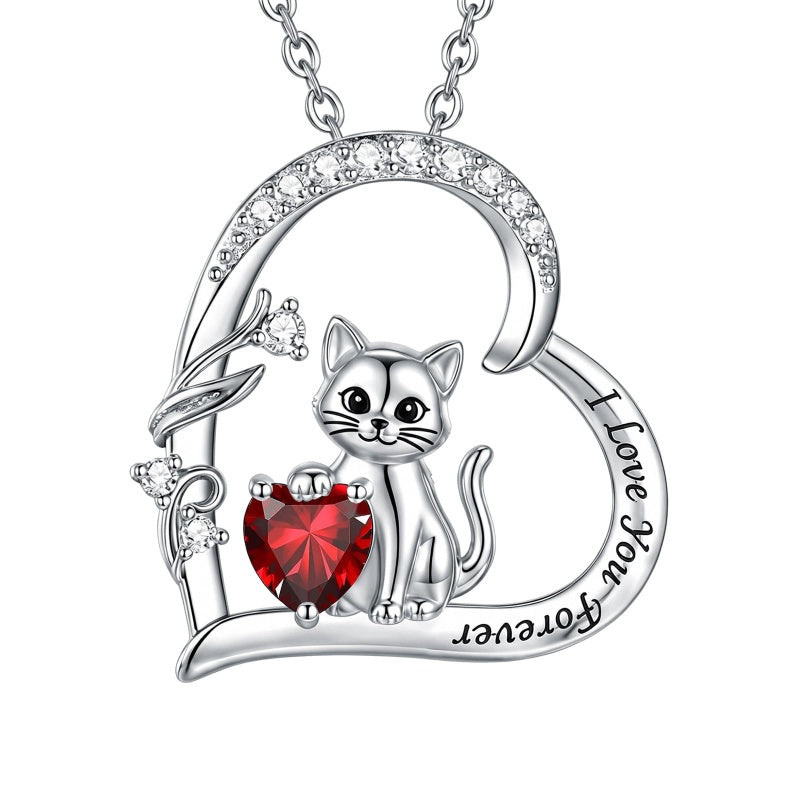 Sterling Silver Birthstone Cat Pendant Necklace Jewelry Christmas Birthday Gifts for Women
