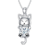 Sterling Silver Heart Birthstone Cat Pendant Necklace