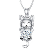 Sterling Silver Heart Birthstone Cat Pendant Necklace