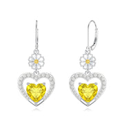 Sterling Silver Heart Cubic Zirconia Sunflower Rose Daisy Lily Lotus Hibiscus Dangle Earrings