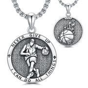 Baseball/Basketball/Soccer Necklace for Men Sport Lovers Fans 925 Silver Never Give Up Sports Necklace Sports Gift for Birthday Christmas