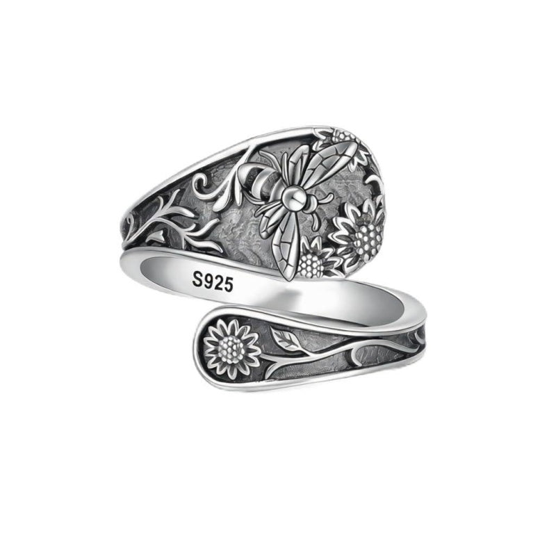 Sterling Silver Turquoise Hummingbird Butterfly Sunflower Adjustable Spoon Ring