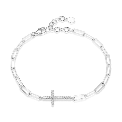 Sterling Silver Cubic Zirconia Horizontal Cross Paperclip Chain Bracelet