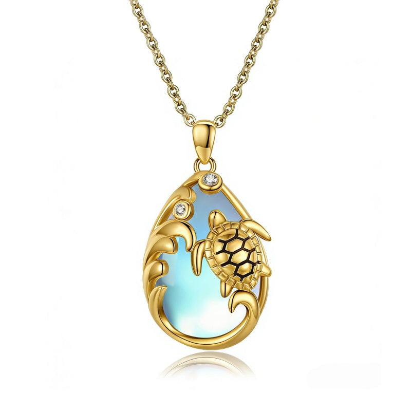 14K Gold Plated Moonstone Octopus Sea Turtle Conch Shell Starfish Seashell Ocean Necklace for Women