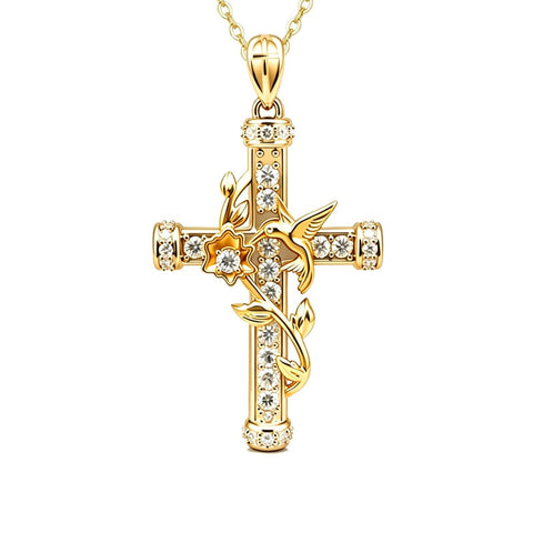 14K Gold Plated Cubic Zirconia Hummingbird Cross Necklace for Women Inspirational Jewelry Birthday Gift
