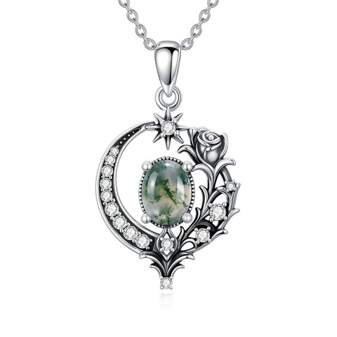 Sterling Silver Moss Agate Celtic Knot Rose Claddagh Filigree Pendant Necklace