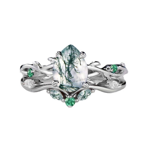 Sterling Silver 10K 14K 18K Gold Personalize Engraved Moss Agate Engagement Rings for Women