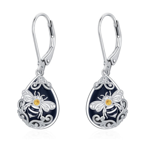 Sterling Silver Filigree Black Onyx  Bee Hummingbird Leverback Earrings