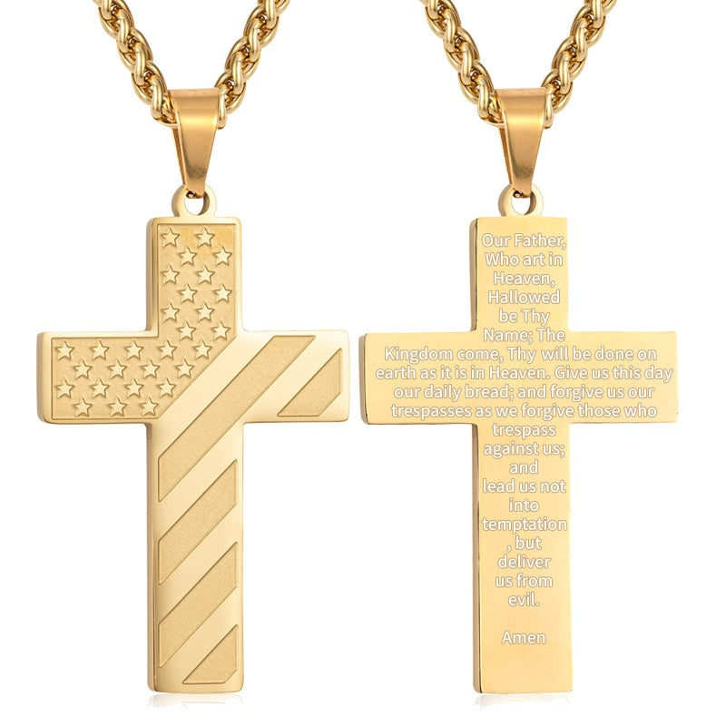 14K Gold Plated Personalized Engraved American Flag Cross Pendant Necklace