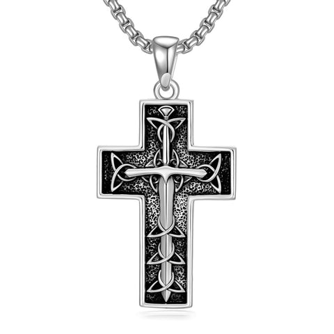 Sterling Silver Cross Christian Pendant Necklace for Men