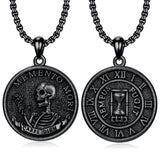 Sterling Silver Black Memento Mor Stoic Skull Coin Pendant Necklace