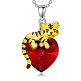 Sterling Silver  Heart Shaped Crystal Tiger Pendant Necklace