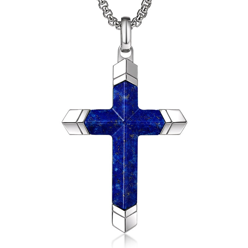 14K Gold Plated Turquoise Lapis Lazuli Cross Necklace for Men with Adjustable Chain
