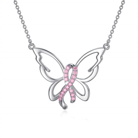 Sterling Silver Breast Cancer Awareness Cross Butterfly Dragonfly Pendant Necklace