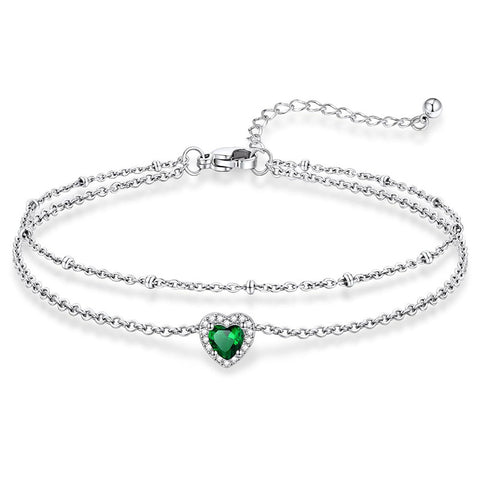 Sterling Silver Birthstone Double Layer Anklet for Beach Weddings, Summer Vacations & Pool Parties