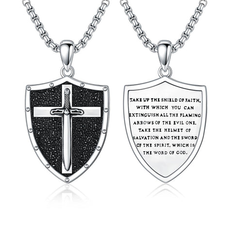 Sterling Silver Knights Templar & Cross Shield Pendant Necklace for Men