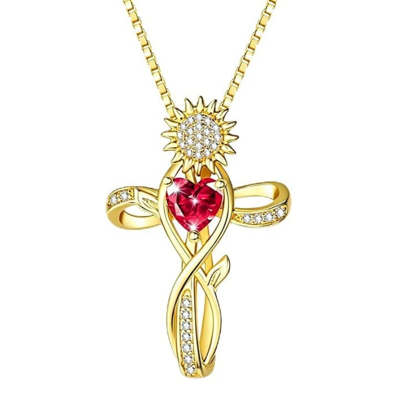 14K  Gold Plated 12 Color Birthstone Sunflower Cross Pendant  Necklace for Women Faith Cross Jewelry