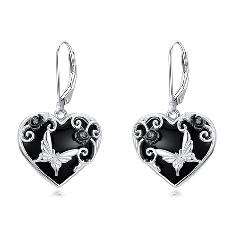 Sterling Silver Black Obsidian Snake Hummingbird Butterfly Dragonfly Leverback Earrings