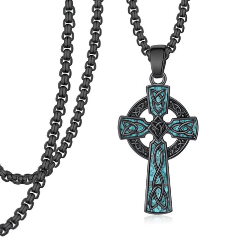 14K Gold Plated Turquoise Malachite Abalone Shell Cross Pendant Necklace for Men