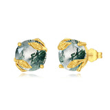 10K 14K 18K Gold Moss Agate Stud Earrings