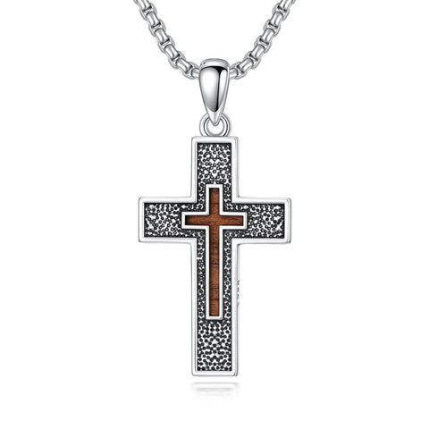Sterling Silver Wooden Lion Orthodox Sword Wolf Cross Pendant Necklace
