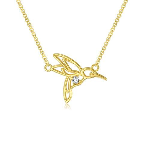 14K Yellow Gold Cubic Zirconia Hummingbird  Pendant Necklace