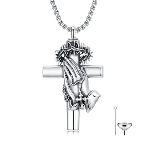 Sterling Silver Crown of Thorns Serenity Prayer Cross Urn Necklace for Ashes