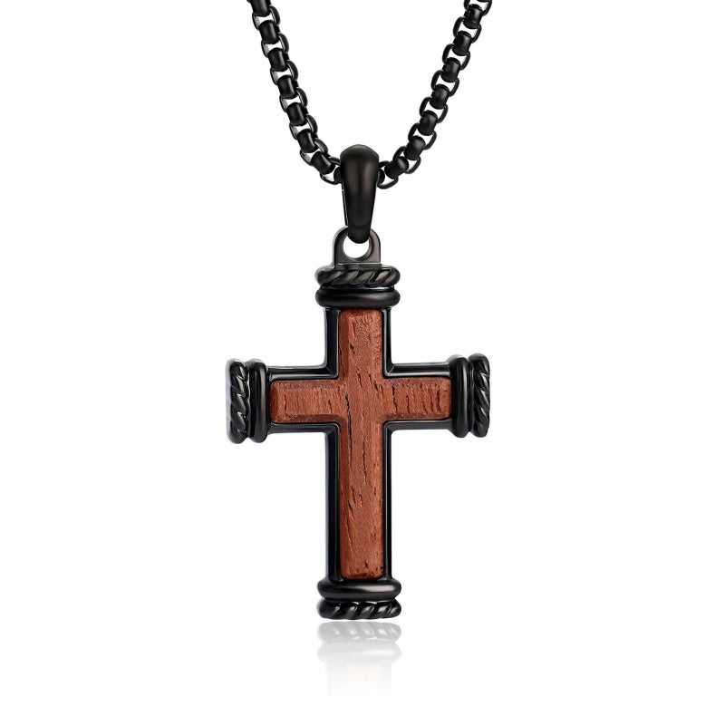 14K Gold Plated Wooden Abalone Shell Cross Pendant Necklacefor Men
