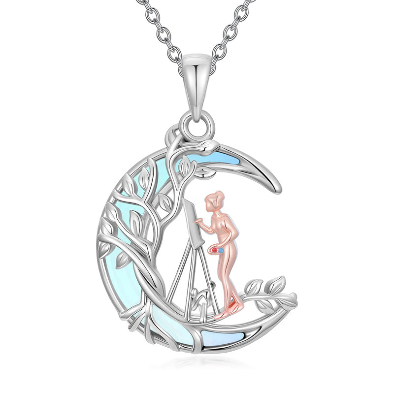 Sterling Silver Moonstone Tree of Life Art Book Pendant Necklace for Book Lover