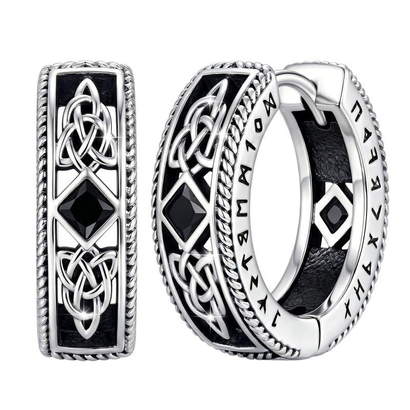 14K Gold Plated  Cubic Zircon Norse Viking Runes Hoop Earrings Viking Jewelry Gift for Men
